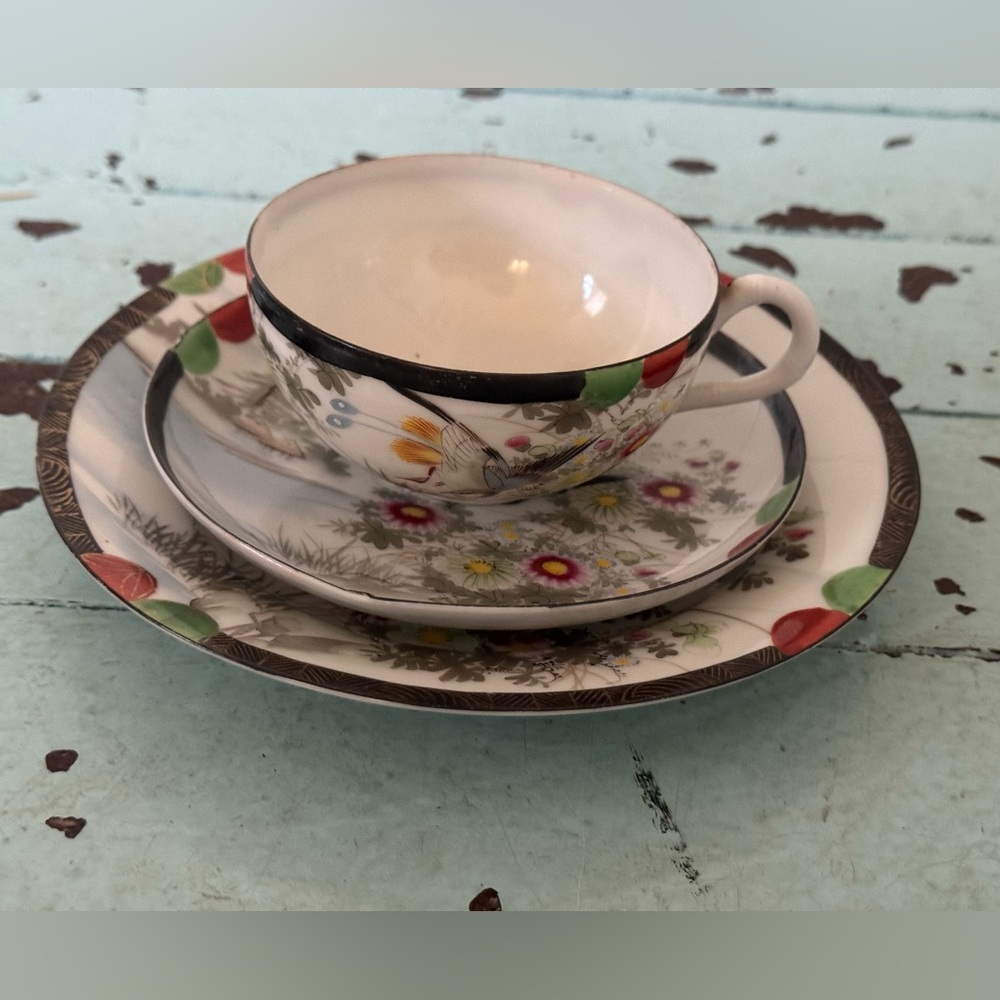 Vintage Japanese 3 Piece Tea Set birds, flowers and landscap